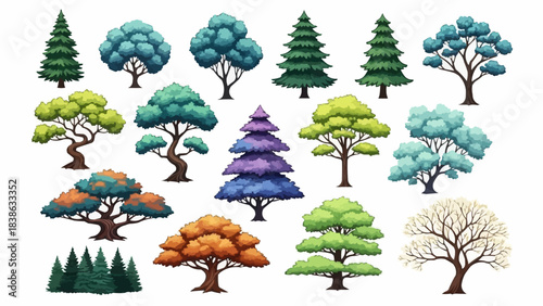 Forest trees. Color tree, forests composition and isolated trees cartoon vector illustration set. Foresting botanical woodland or park tree signs. Cartoon vector illustration. SVG version.
