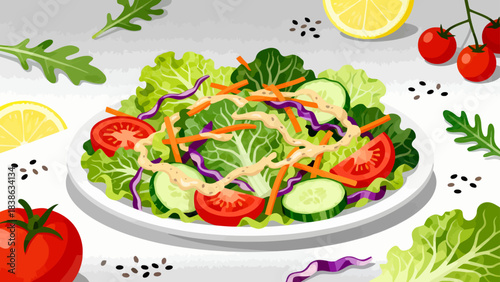 This vibrant illustration shows a colorful salad (lettuce, tomato, cucumber, carrot, cabbage) with dressing, highlighting healthy, appetizing food.