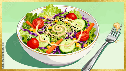 This vibrant illustration shows a colorful salad (lettuce, tomato, cucumber, carrot, cabbage) with dressing, highlighting healthy, appetizing food.