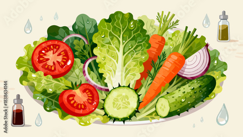 This vibrant illustration shows a colorful salad (lettuce, tomato, cucumber, carrot, cabbage) with dressing, highlighting healthy, appetizing food.