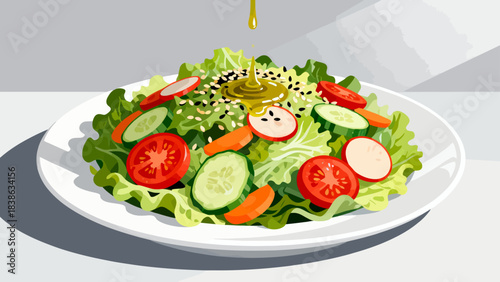This vibrant illustration shows a colorful salad (lettuce, tomato, cucumber, carrot, cabbage) with dressing, highlighting healthy, appetizing food.