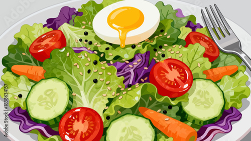 This vibrant illustration shows a colorful salad (lettuce, tomato, cucumber, carrot, cabbage) with dressing, highlighting healthy, appetizing food.
