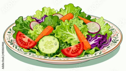 This vibrant illustration shows a colorful salad (lettuce, tomato, cucumber, carrot, cabbage) with dressing, highlighting healthy, appetizing food.