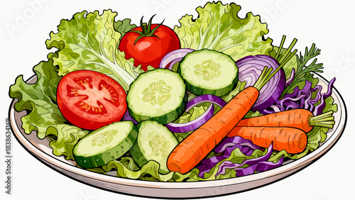 This vibrant illustration shows a colorful salad (lettuce, tomato, cucumber, carrot, cabbage) with dressing, highlighting healthy, appetizing food.