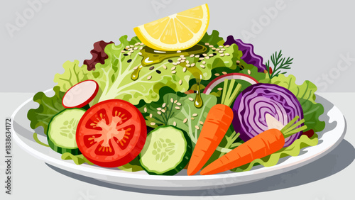 This vibrant illustration shows a colorful salad (lettuce, tomato, cucumber, carrot, cabbage) with dressing, highlighting healthy, appetizing food.