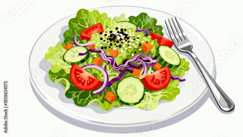 This vibrant illustration shows a colorful salad (lettuce, tomato, cucumber, carrot, cabbage) with dressing, highlighting healthy, appetizing food.