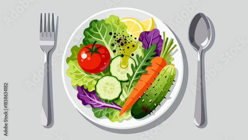 This vibrant illustration shows a colorful salad (lettuce, tomato, cucumber, carrot, cabbage) with dressing, highlighting healthy, appetizing food.