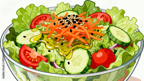 This vibrant illustration shows a colorful salad (lettuce, tomato, cucumber, carrot, cabbage) with dressing, highlighting healthy, appetizing food.