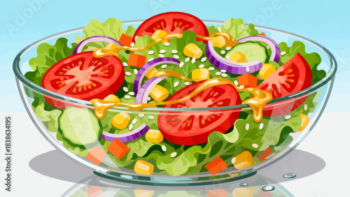 This vibrant illustration shows a colorful salad (lettuce, tomato, cucumber, carrot, cabbage) with dressing, highlighting healthy, appetizing food.