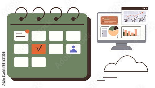 Calendar with task highlights, computer showing graphs and analytics, and a cloud suggesting data sharing. Ideal for project management, productivity, organization, scheduling, technology, teamwork