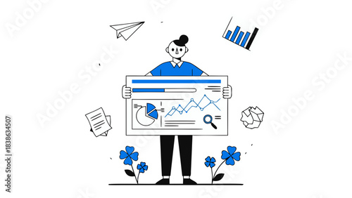 Stylized Person Holding White Board Displaying Financial Charts Graphs and Analytics Data with Blue Flowers and Floating Paper Documents Against Black Background Flat Design