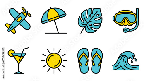 Vibrant Summer Vacation Icons Travel Beach and Adventure Symbols