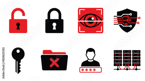 Digital Security Icons Lock Eye Scan Key Folder Server User Cybersecurity Concepts