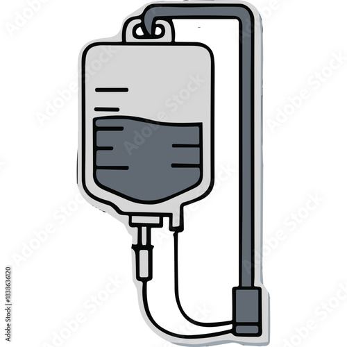 Hand Drawn Medical Infusion Bag With Gray Liquid And Tube Isolated On Black Background Simple Medical Icon Healthcare Concept Illustration