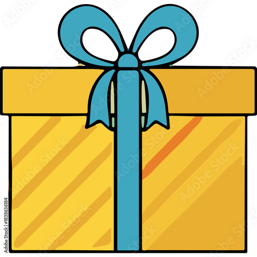 Hand Drawn Yellow Gift Box Tied With A Blue Ribbon And Bow Front View Isolated On Black Background Birthday Celebration Surprise Festive Occasion