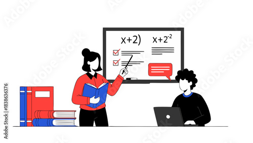 Teacher pointing at math equation on whiteboard with student learning on laptop and books nearby in a classroom setting with red and blue accents