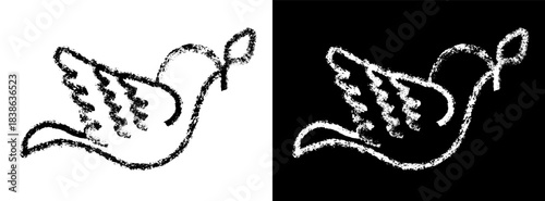 Peace dove childlike crayon drawing holding branch. Black and white pigeon doodle sketch with naive hand drawn sticker. Vector illustration isolated in kids childish style with chalk texture.