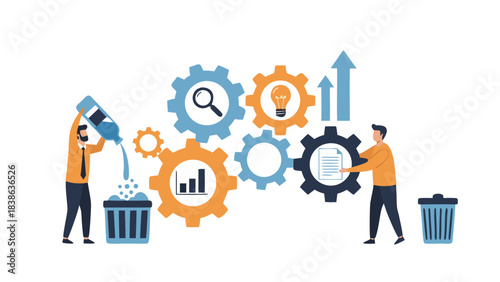 Teamwork in Business Process Management with Gears and Analytics Charts Showing Growth and Ideas Symbolizing Efficiency and Productivity in a Clean Modern Style on Black Background