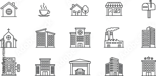 Buildings and city places icons set, vector line art for real estate, residential house, hotel, hospital, office skyscraper, church, factory, and coffee shop location symbols.
