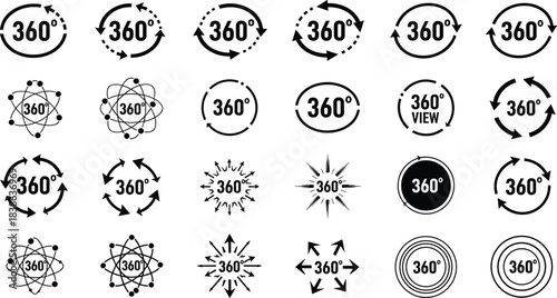 360 Degree View and Rotation Line Icons Set, Virtual Reality VR, Panoramic Imaging, Interactive Digital Content, Angle and Orbit Sphere, Outline Vector Illustration.