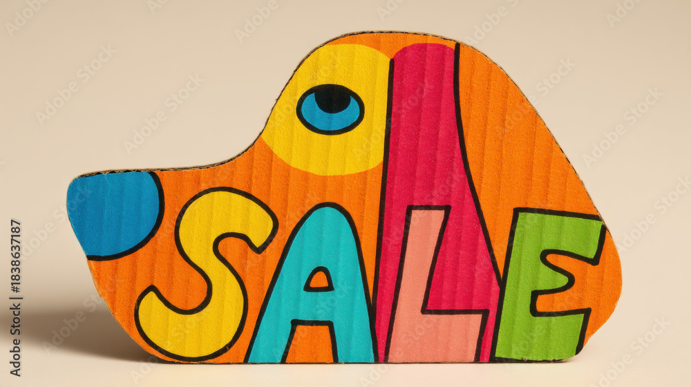 Fototapeta premium Colorful cartoon dog face cardboard sign with SALE text, playful and eye catching for retail or pet store promotion