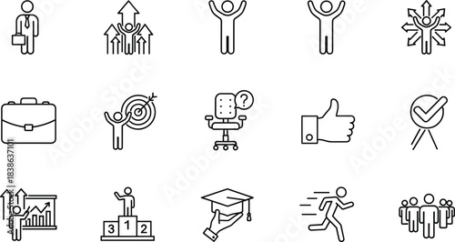 Career Success and Achievement Line Icons Set, Professional Development, Business Goal Target, Leadership, Motivation, Education, and Personal Growth, Outline Vector.
