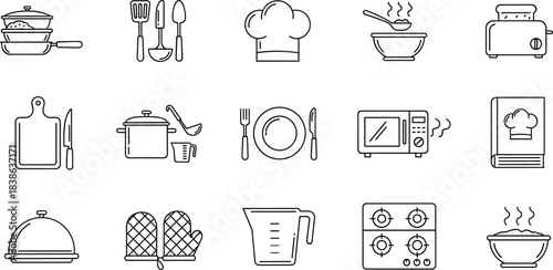 Cooking and Kitchen Utensils Outline Icons: Chef Hat, Cutlery, Stove, Recipe Book, Pan, Microwave, and Food Preparation Vector Set,