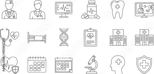 Healthcare and Medical Line Icons Set: Doctor, Hospital Building, DNA, Heartbeat, Medicine Pills, Calendar Appointment, Digital Health, Protection Shield, Outline Vector Collection, isolated