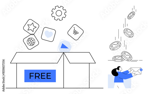 Digital marketing, e-commerce opportunities, free resources, app distribution, software rewards, online business. Open box with apps and coins. Digital marketing and e-commerce
