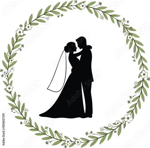 Black silhouette of a bride and groom embracing inside a leafy green wreath