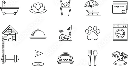 Luxury Resort and Hotel Amenities Outline Icons Vector Pack: Wellness, Travel, Pet-Friendly Services, Vacation, Sports, and Dining Collection for Web and Print.