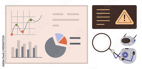 Robot inspecting graphs, pie charts, and bar graphs with a magnifying glass, identifying errors. Ideal for AI analytics, automation, data analysis, research, problem-solving business strategy