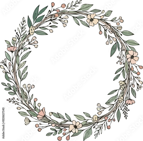 Botanical wreath illustration with pale pink cream flowers green leaves and reddish berries