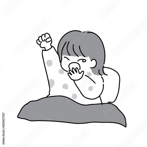 あくびをしながら起きる子どもの手描きイラスト