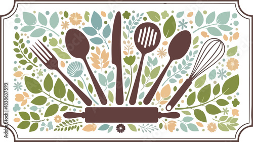 Dark brown kitchen utensils arranged over a background of colorful stylized foliage