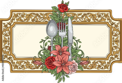Ornate frame with silverware centerpiece surrounded by roses and lilies