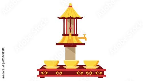 Traditional Asian Tea Dispenser With Golden Cups On A Decorative Stand Featuring Intricate Patterns And A Yellow Roof With Red Accents