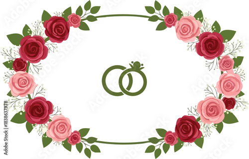 Oval floral frame with two intertwined wedding rings in the center