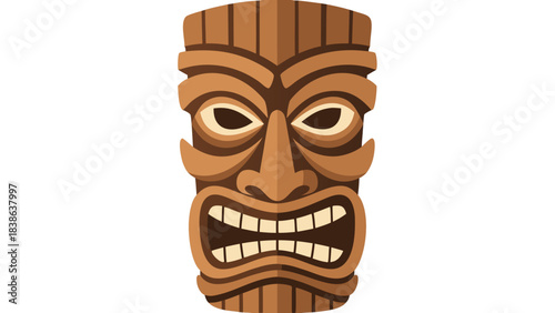 Tribal Tiki Mask Front View A Fierce Wooden Face With An Open Mouth And Sharp Teeth Dark Background And Detailed Carving