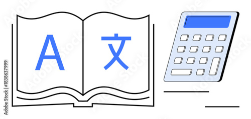 Language translation, education, multilingual learning, global communication, academic studies, digital tools. Open book displaying multilingual symbols next to a calculator. Language translation