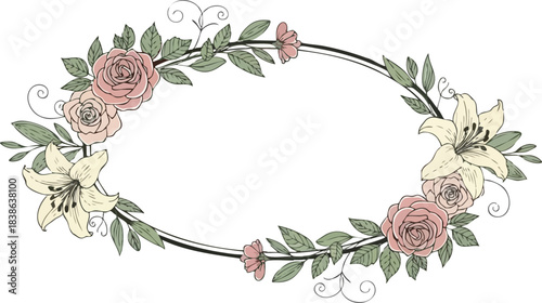 Oval frame decorated with pink roses cream lilies and green foliage