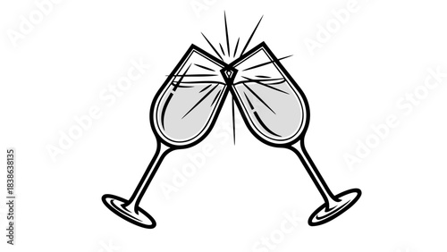 Two Clear Champagne Flutes Clinking Together in Celebration Against a Black Background with Subtle Highlights on the Liquid and Stemware