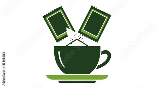 Two Green Tea Packets Pouring Powder Into A Dark Green Tea Cup And Saucer Against A Black Background Simple Flat Design