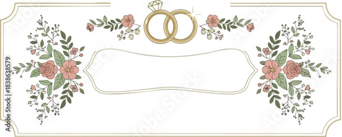 Wedding banner with gold rings floral bouquets and a central empty frame