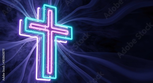 Neon cross glowing against dark background with swirling light effects  , copy space