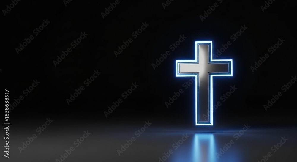 Obraz premium Glowing cross symbol on dark background for religious concepts , copy space