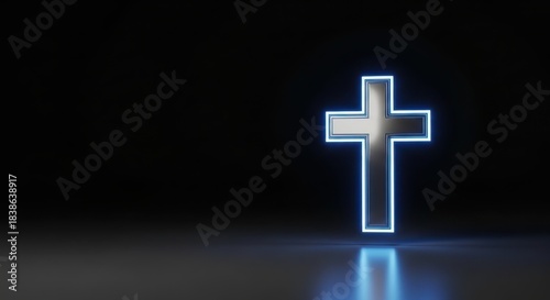 Glowing cross symbol on dark background for religious concepts  , copy space