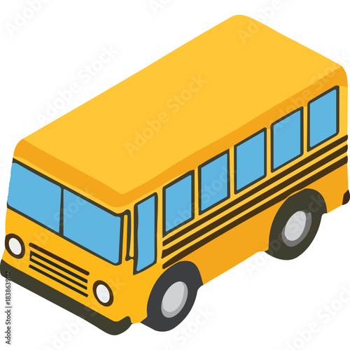 Iconic Yellow School Bus with Blue Windows and Black Stripes in Isometric View Against a Solid Black Background