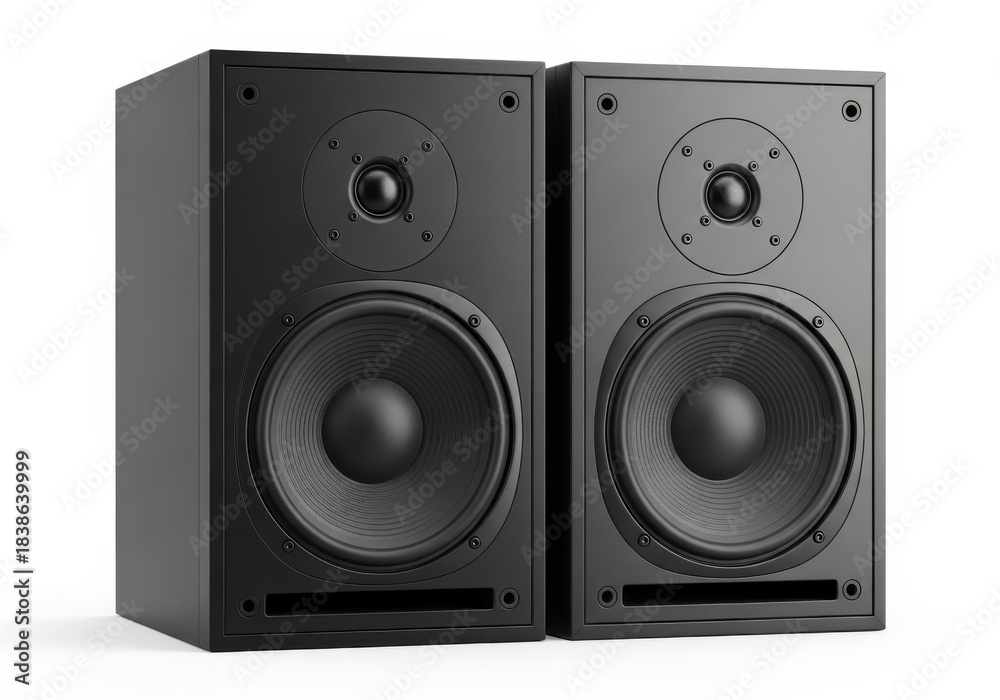 Fototapeta premium Two modern passive bookshelf audio speakers stand side by side against a white background