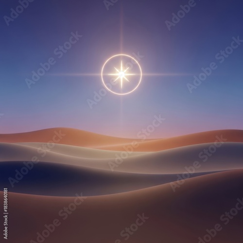 Abstract desert landscape with sand dunes under a twilight sky and glowing star.